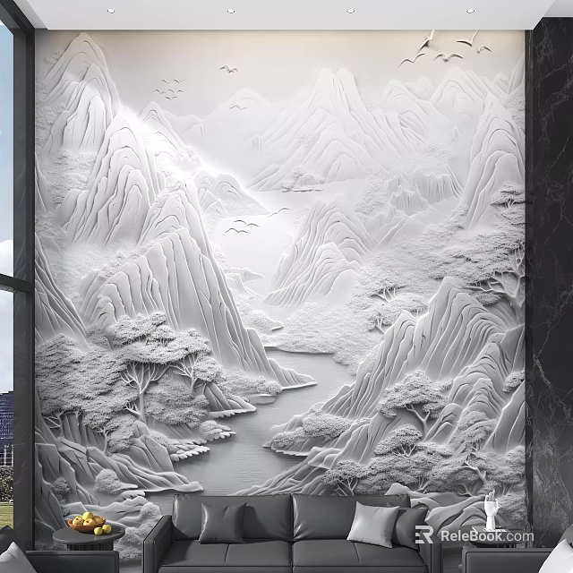 3D Relief Landscape Background Wall With Mountain River And Pine Trees 3d model 