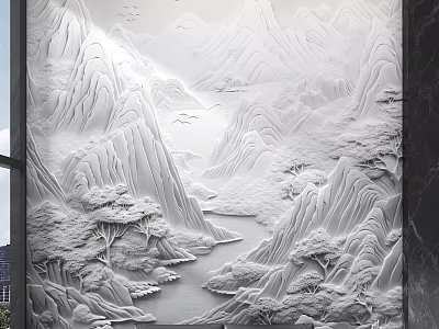 3D Relief Landscape Background Wall With Mountain River And Pine Trees 3d model