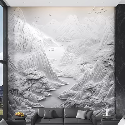 3D Relief Landscape Background Wall With Mountain River And Pine Trees 3d model