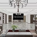 Modern Open Living Dining Room Interior With Marble Floor Chandelier Sofa Dining Table TV Wall