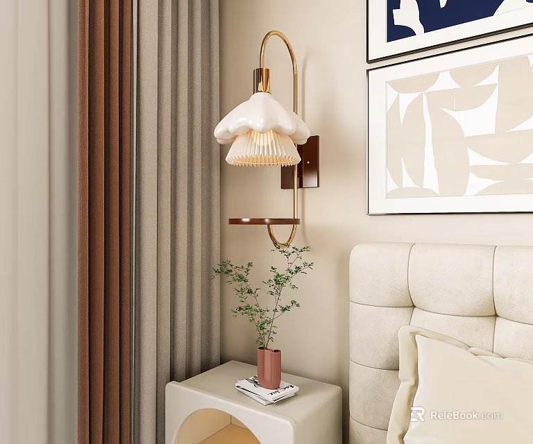 Modern Cloud Shaped Wall Lamp In Bedroom With Decorative Painting Curtains And Nightstand Plant 3d model 