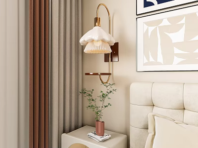 Modern Cloud Shaped Wall Lamp In Bedroom With Decorative Painting Curtains And Nightstand Plant 3d model