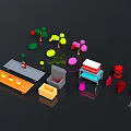 Colorful 3D Scene Components With Trees Furniture And Various Items