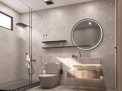 Modern Bathroom Interior With Gray Tiles Backlit Round Mirror Glass Shower And Open Shelves 3d model