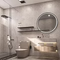 Modern Bathroom Interior With Gray Tiles Backlit Round Mirror Glass Shower And Open Shelves