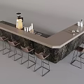 L Shaped Modern Bar Counter With Wooden Top Marble Base And Metal Leg Stools