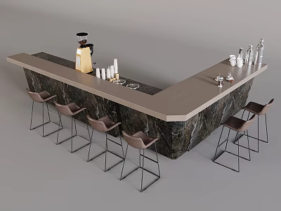 L Shaped Modern Bar Counter With Wooden Top Marble Base And Metal Leg Stools 3d model