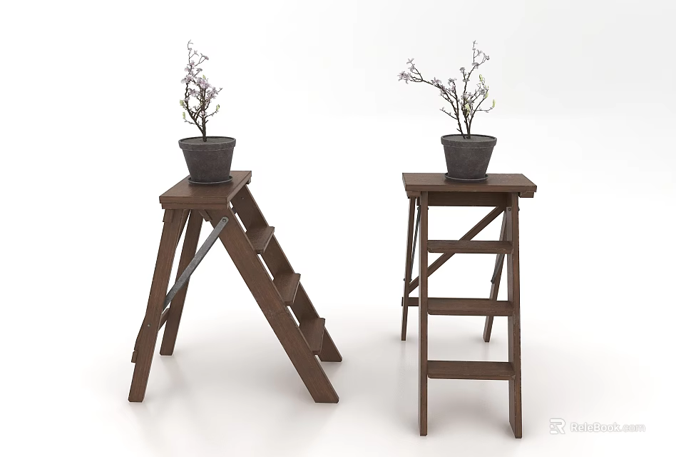 Bonsai Potted Plants With Twiggy Branches On Stylish Wooden Ladder Stands Indoor 3d model 