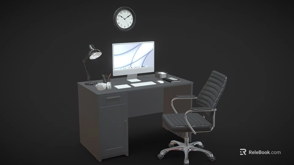 Modern Office Desk Setup With Computer Monitor Desk Lamp Keyboard Mouse And Ergonomic Chair 3d model 