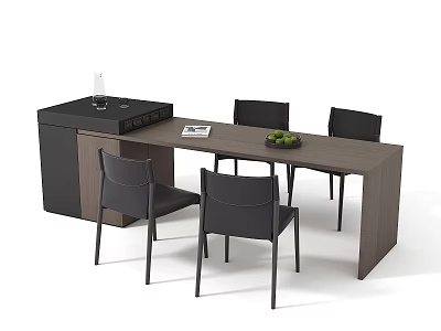 Dining Table Set With Black Chairs Wooden Tabletop Black Sideboard And Decorative Items 3d model