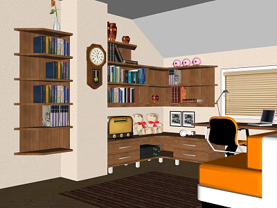 Wooden Multilayer Bookcase With Books Clock Ornaments And Drawers In Home Study Room 3d model