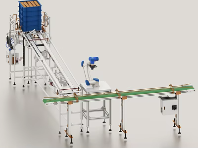 Industrial Equipment With Automated Conveyor Belt And Blue Container Assembly System 3d model