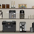 Various Coffee Machines And Kitchen Appliances With Coffee Cups And Beans On Shelves