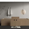 Wooden Bathtub in Modern Bathroom With Hanging White Towels Pendant Light Slippers and Decorative Mat