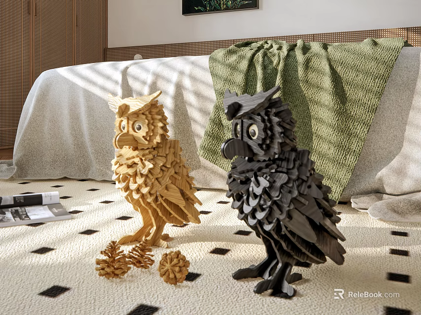 Gold And Black Wooden Owl Figurine Decor Set With Small Decorative Balls 3d model 