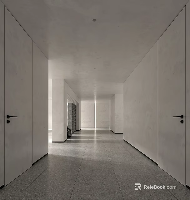 Long Modern Corridor Interior With White Walls Gray Floor And Natural Light 3d model 
