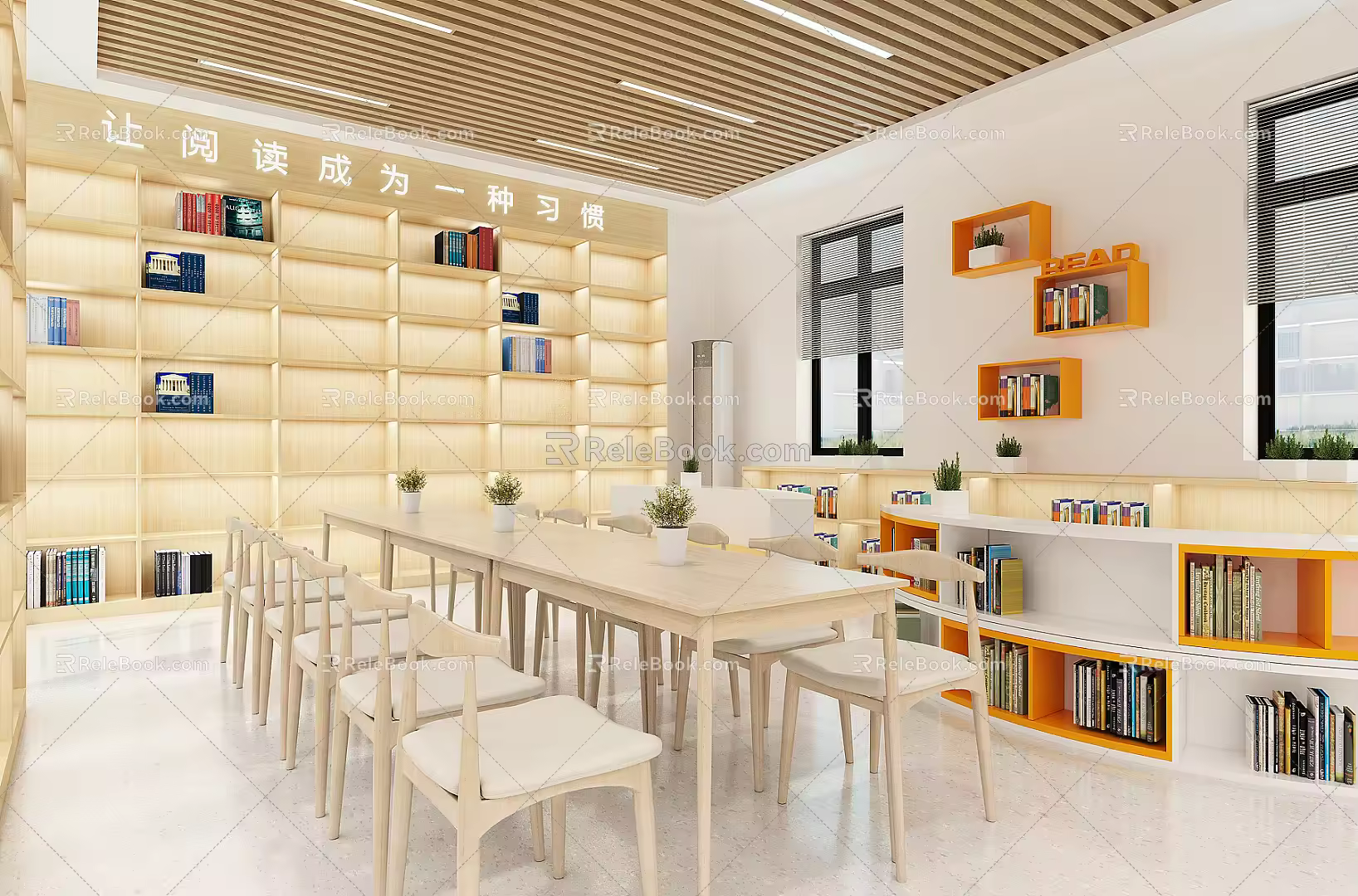 Modern Reading Room Community Primary School Reading Room Library Bookcase Bookshelf Low Cabinet Shaped Arc Card Seat Bookcase Air Conditioning Desk 3d model