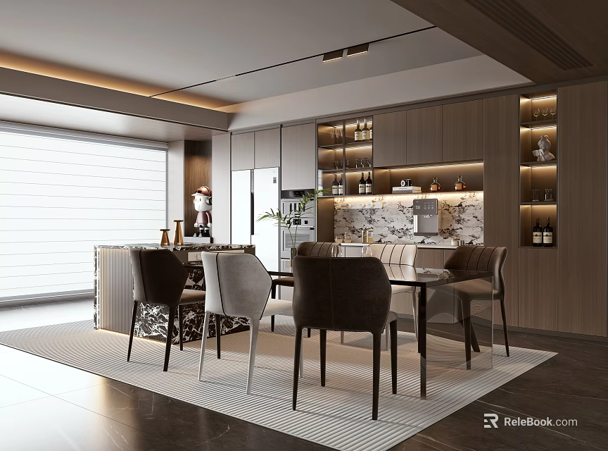 Luxurious Modern Restaurant Dining Area With Marble Table Wooden Chairs And Ambient Lighting 3d model 