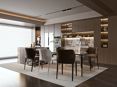 Luxurious Modern Restaurant Dining Area With Marble Table Wooden Chairs And Ambient Lighting 3d model