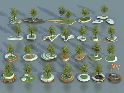 Various Tree Planters With Diverse Shapes And Green Trees In Landscape Design 3d model