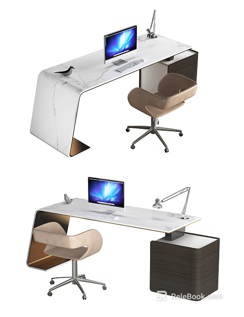 Modern Office Desk and Chair Set with White Marble Top Computer and Adjustable Desk Lamp 3d model 