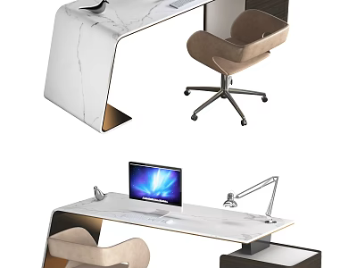 Modern Office Desk and Chair Set with White Marble Top Computer and Adjustable Desk Lamp 3d model