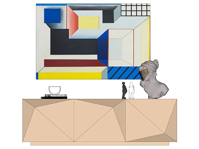 Abstract Geometric Art Display With Colorful Blocks And Sculpture On Polyhedron Stand 3d model