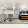 Modern Break Room Interior With Geometric Pattern Wall Pendant Lights And Benches