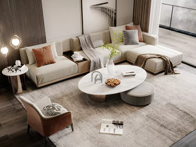 Modern Living Room Sofa And Coffee Table Set With Decorative Pillows Ottoman And Area Rug 3d model