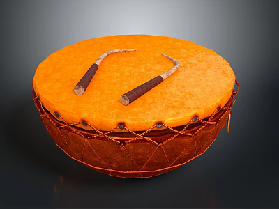 Traditional Orange Hand Drum With Wooden Drumsticks On Top Woven Trim And Leather Straps 3d model