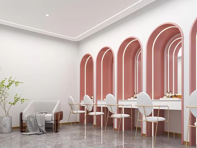 Modern Beauty Salon Interior With Pink Arches White Tables Chairs And Mirrors 3d model