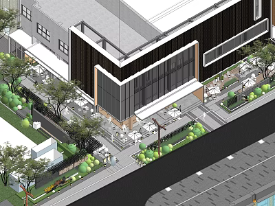 Commercial Landscape Featuring Modern Building With Glass Facade Outdoor Seating And Greenery 3d model