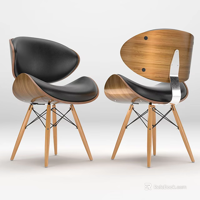 Modern Leisure Chair With Wooden Backrest Black Leather Cushion And Crossed Wooden Legs 3d model 