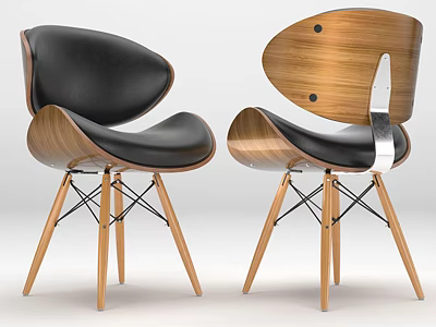 Modern Leisure Chair With Wooden Backrest Black Leather Cushion And Crossed Wooden Legs 3d model