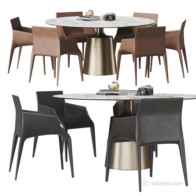 Modern Dining Table Set with Marble Top Brown Black Chairs and Camera Books 3d model