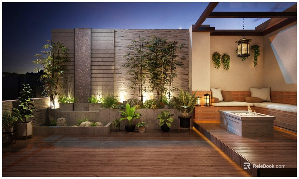 Serene Roof Garden With Tropical Plants Water Feature Wooden Deck And Cozy Seating Area 3d model 