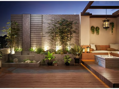 Serene Roof Garden With Tropical Plants Water Feature Wooden Deck And Cozy Seating Area 3d model