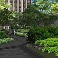 Lush Garden Landscape With Trees Shrubs Stone Pathway And Modern Building Background