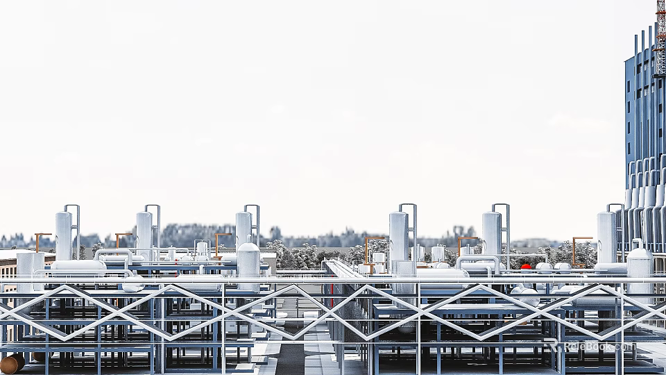 Large Industrial Factory Building With Metal Framework Multiple Exhaust Chimneys And Roof Structures 3d model 