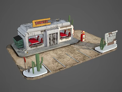 Retro Burger Restaurant with Gas Pump Red Seats Cacti and OPEN Sign on Dirt Ground 3d model