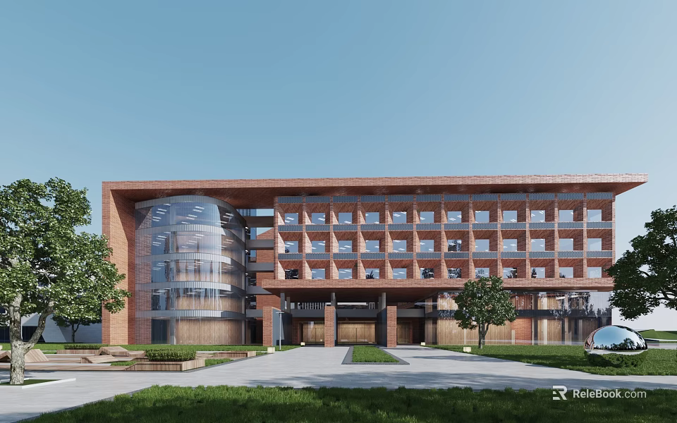 Multi Storey Office Building With Red Brick Structure Glass Elements And Landscaped Front 3d model 