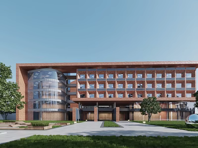 Multi Storey Office Building With Red Brick Structure Glass Elements And Landscaped Front 3d model
