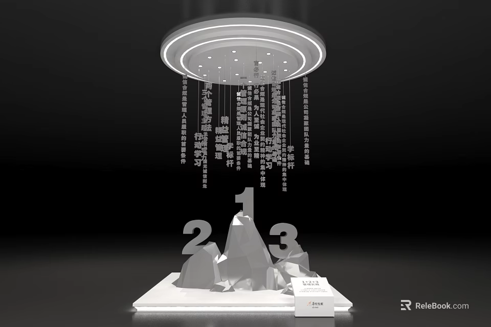 Modern Sculptural Installation With Hanging Text Chains And Numbers One Two Three On Mountain Base 3d model