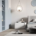 Modern Gray Kids Room Interior With Circular Wall Decor Simple Bed And Chandelier