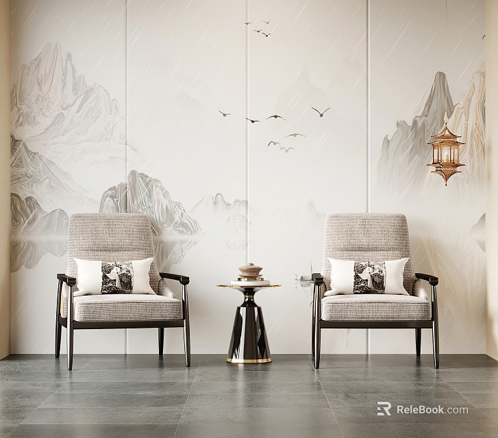 Single Sofa with Cushions and Coffee Table by Landscape Painting Wall Flying Birds Wall Lamp 3d model 