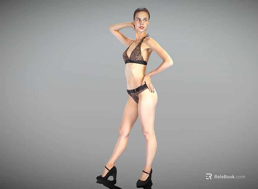 Woman in Black Lace Bikini Posing with High Heels on Gray Background 3d model 