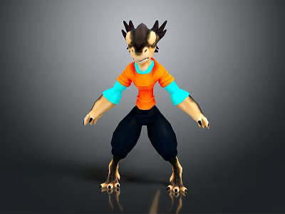 3D Anthropomorphic Creature Character Design With Spiked Ears Orange Shirt And Clawed Feet 3d model