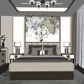 Elegant Modern Bedroom Interior With Large Bed Decorative Painting Nightstands And Chandelier