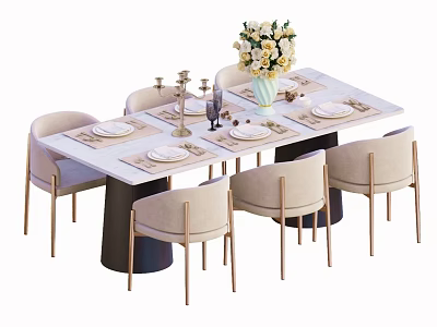 Elegant Modern Dining Table Set With White Tabletop Beige Chairs Floral Vase And Tableware 3d model