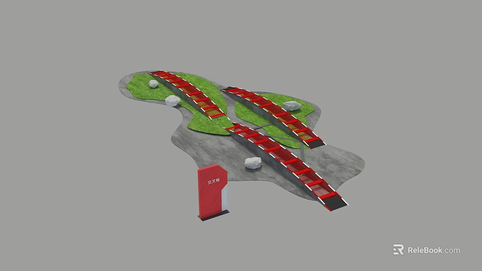 Interactive Zone With Red Walkways Green Grass Gray Ground And Stones 3d model